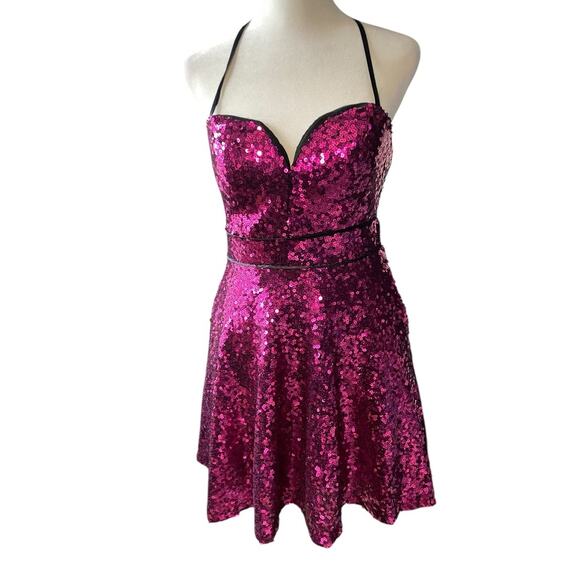 Hot Pink Sequin Mini Dress Women 5 Party Cocktail Clubwear Fit & Flare Prom Hoco - Picture 2 of 16